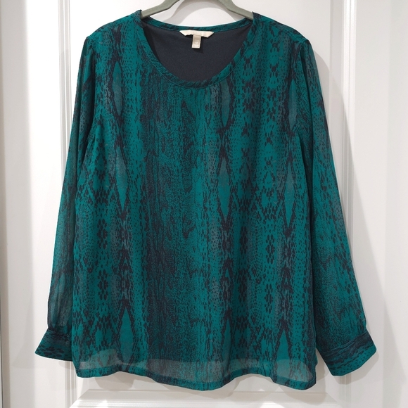 ✨️4/$20 Emerald Green Long Sleeve Snake Print Relaxed Blouse, Chiffon - Picture 2 of 13